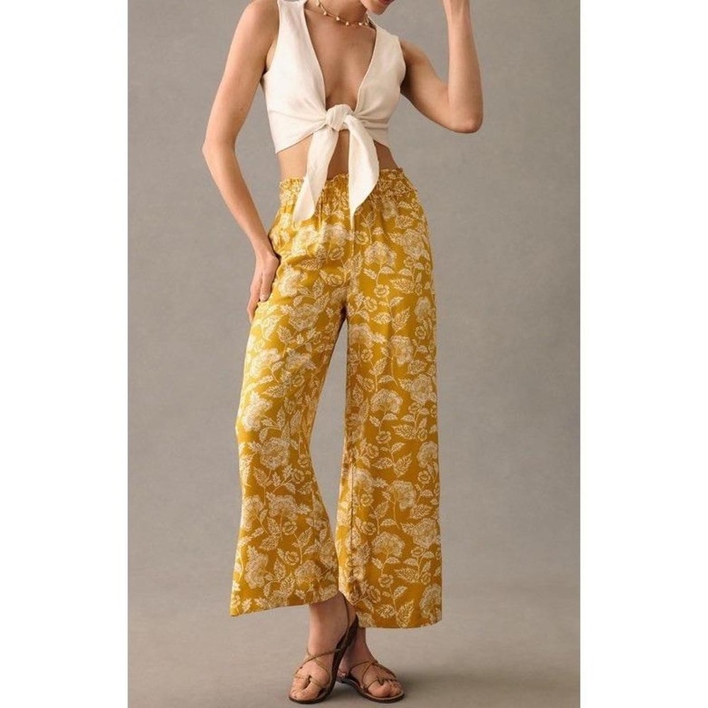 Anthropologie Yellow Floral Wide-Leg Pants